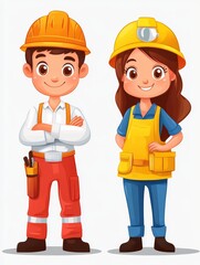 Cartoon Construction Workers: A Boy and Girl