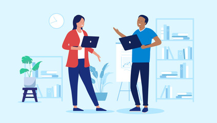 Two happy people talking in office - Employees and colleagues having conversation at work, smiling and having a good time at work. Flat design vector illustration with blue background