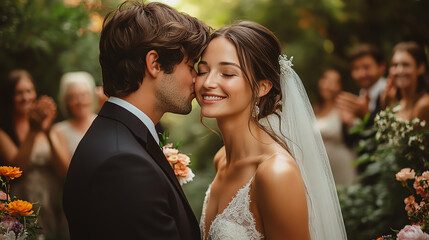 A joyful couple sharing a romantic moment during their wedding ceremony surrounded by loved ones in a beautiful garden setting.