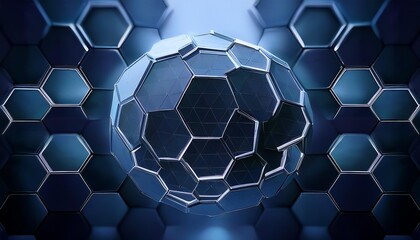 Abstract hexagon geometry background. 3d render of simple primitives with six angles in front. Dark lighting.