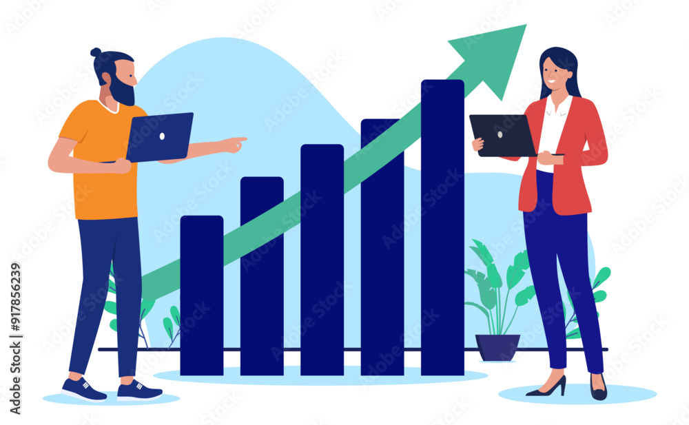 Fototapete people with rising chart and graph - two businesspeople standing with growth diagram and green risin