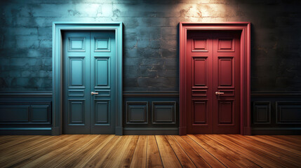 generated illustration of 2 old wooden doors, Option opportunity choice career dilemma path