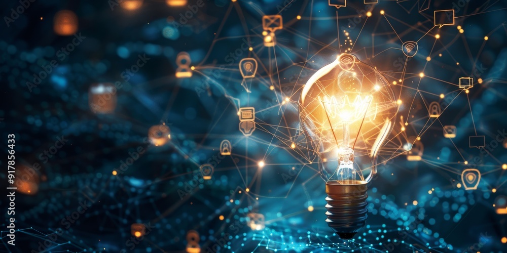 Aufkleber A light bulb emitting bright rays, surrounded by floating AI symbols like chatbots and neural networks, symbolizing the illumination of ideas through advanced technology