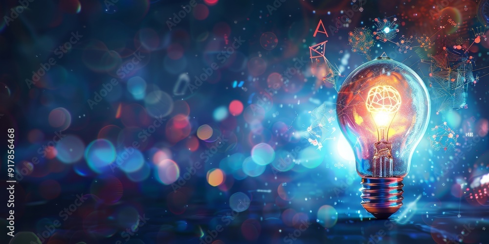 Fototapete A light bulb with a soft glow surrounded by floating symbols of AI, such as machine learning and data visualizations, representing the connection between innovation and tech