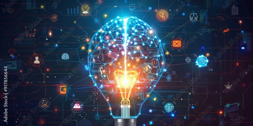 Aufkleber A bright light bulb encircled by various AI icons, including brain circuits and algorithm patterns, symbolizing the fusion of creativity and artificial intelligence