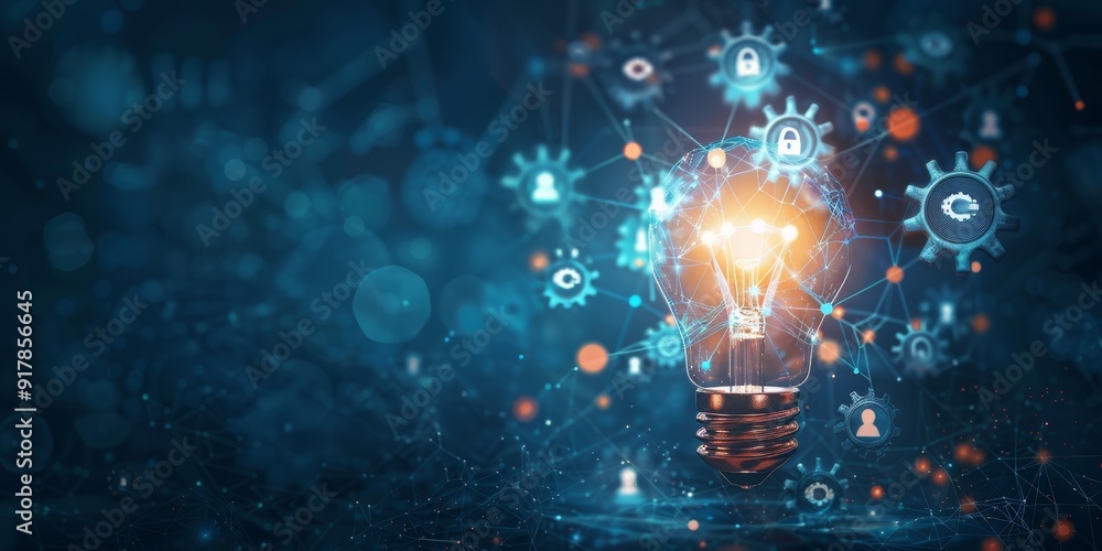 Leinwandbilder A light bulb shining in the center with a halo of AI-related symbols like gears and cloud networks, illustrating the intersection of ideas and advanced technology