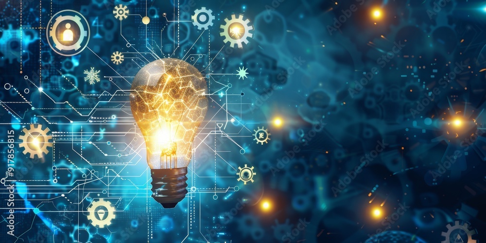 Aufkleber a light bulb shining in the center with a halo of ai-related symbols like gears and cloud networks, 