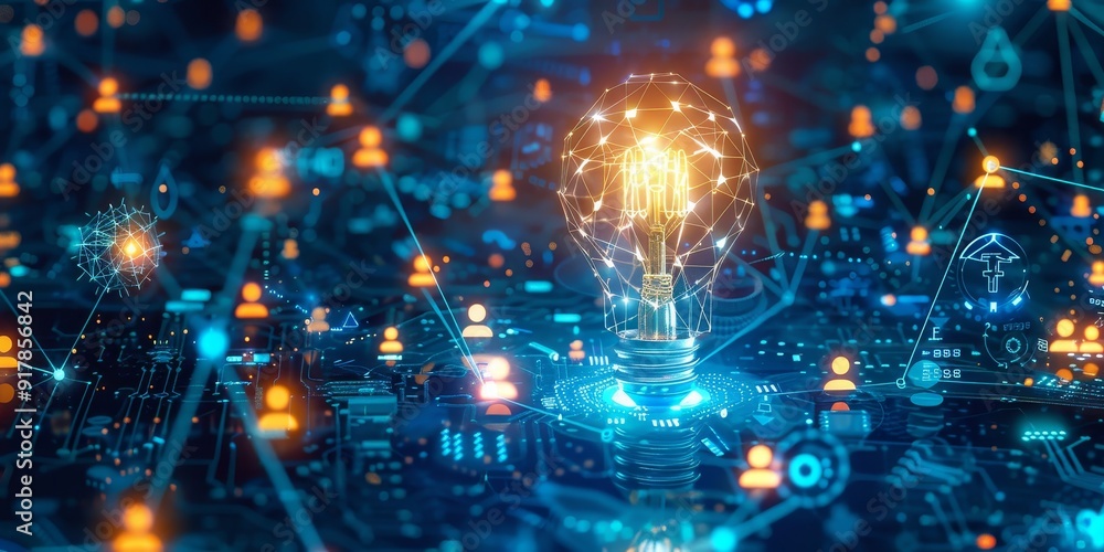Fototapete A central light bulb surrounded by a web of AI symbols, such as circuit diagrams and predictive analytics, reflecting the synergy between innovation and technology