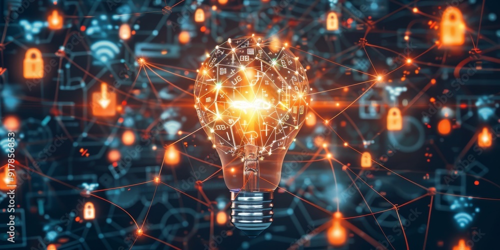 Aufkleber a central light bulb surrounded by a web of ai symbols, such as circuit diagrams and predictive anal