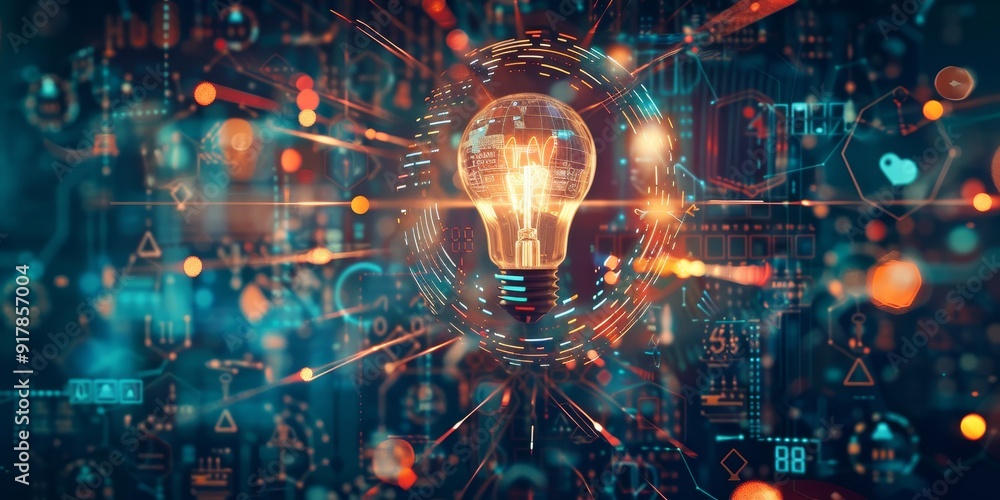 Aufkleber a light bulb at the center, encircled by a swirl of ai-related symbols such as data clouds and neura
