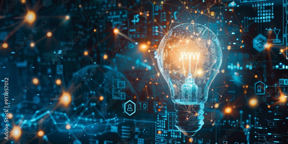 Aufkleber a central light bulb surrounded by a web of ai symbols, such as circuit diagrams and predictive anal