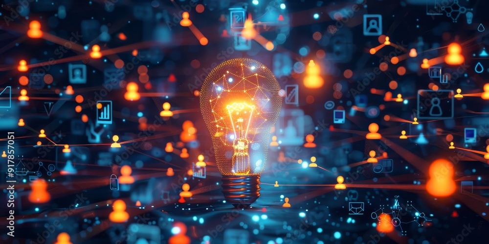 Poster a luminous light bulb surrounded by floating symbols of ai, including smart devices and digital netw
