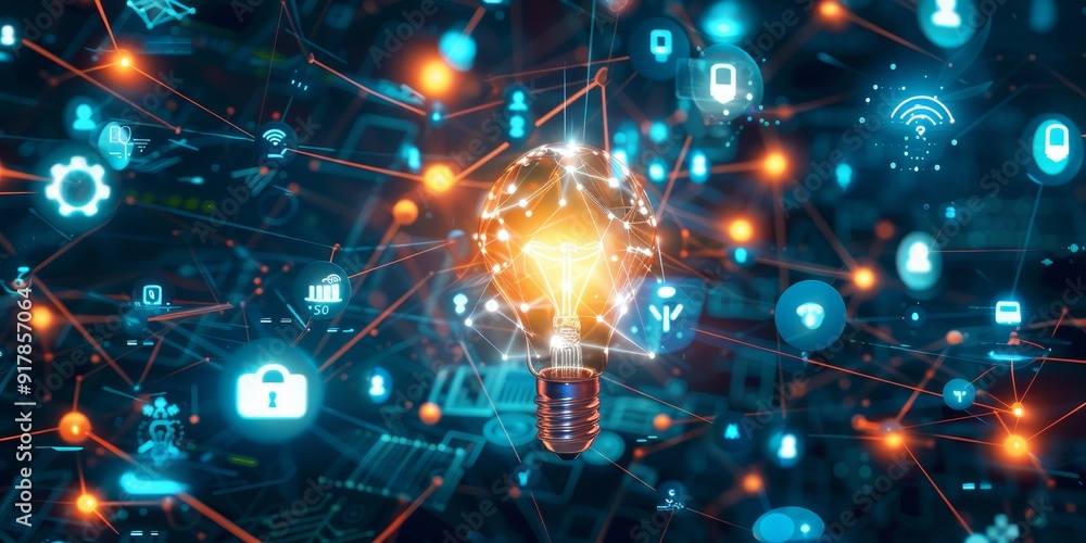 Aufkleber A luminous light bulb surrounded by floating symbols of AI, including smart devices and digital networks, representing the convergence of inspiration and advanced tech