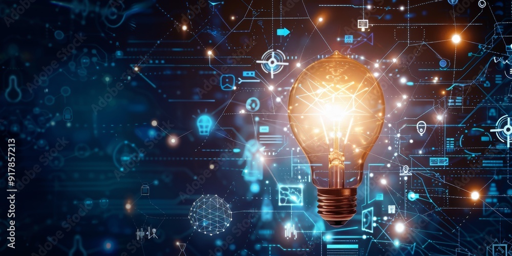 Aufkleber a light bulb radiating light, surrounded by various ai-related symbols such as machine learning diag