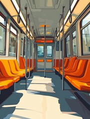 Empty Subway Car Interior, Orange Seats, Sunlight