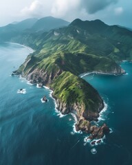 Aerial View of a Lush Green Island with a Rugged Coastline
