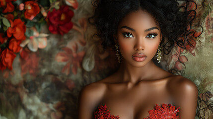 A stunning portrait showcasing beauty and elegance, featuring a model with curly hair and radiant skin against a floral backdrop.