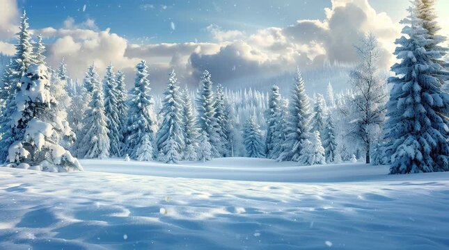 Snowy landscape in a pine forest on a winter day, featuring snow-covered pine trees and a tranquil, wintry atmosphere
 Seamless looping 4k time-lapse virtual video animation Generated AI