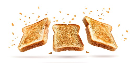 Three slices of toasted bread floating in mid air with a sprinkle of sesame seeds. Perfect for food, breakfast, or bakery projects.