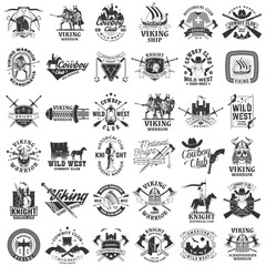 Set of cowboy, viking warrior and knight historical club logos, badges, stickers. Vector. Patch design heraldic shield with a knight, viking in helmet with crossed battle axe, sword and nordic ship