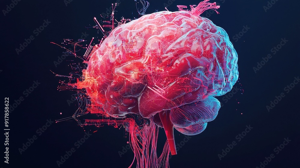 Poster digital brain map showcasing intricate pathways and dynamic data streams, vibrant colors, abstract d