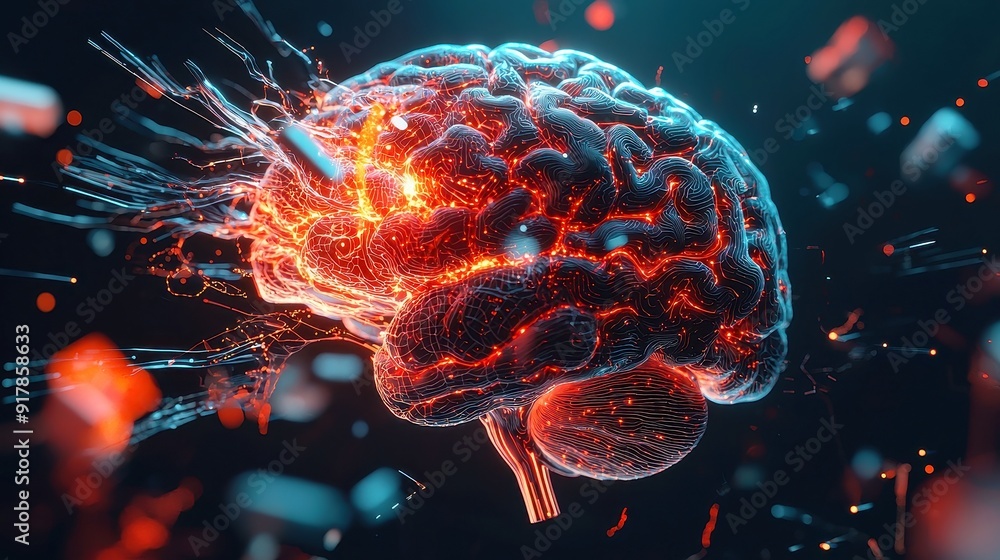 Poster digital brain map, an intricate visualization of neural pathways and data streams, showcasing comple