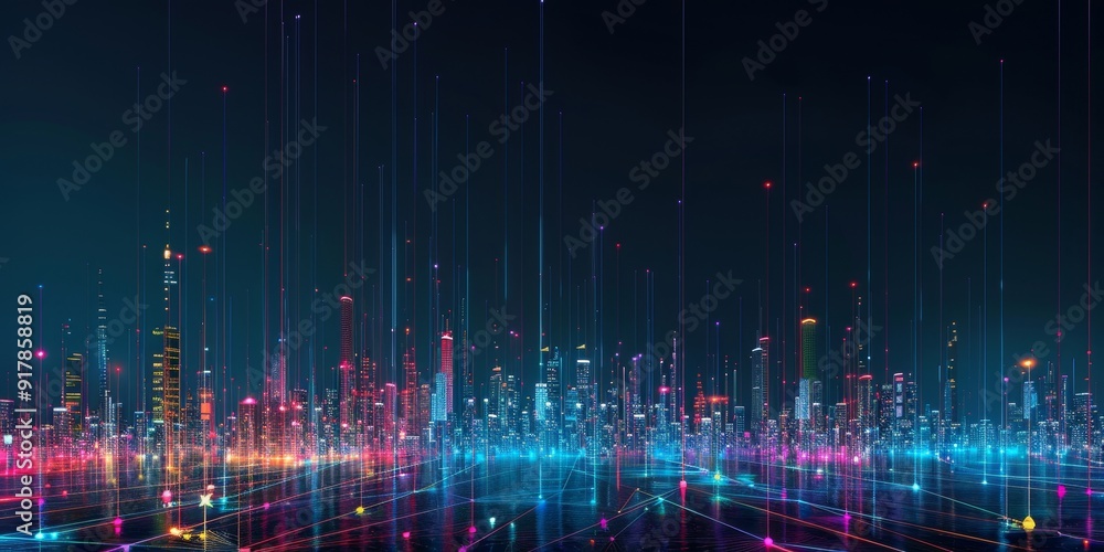 Poster A dark city skyline illuminated by colorful lines connecting buildings, illustrating a high-tech network of data and connectivity across the urban environment
