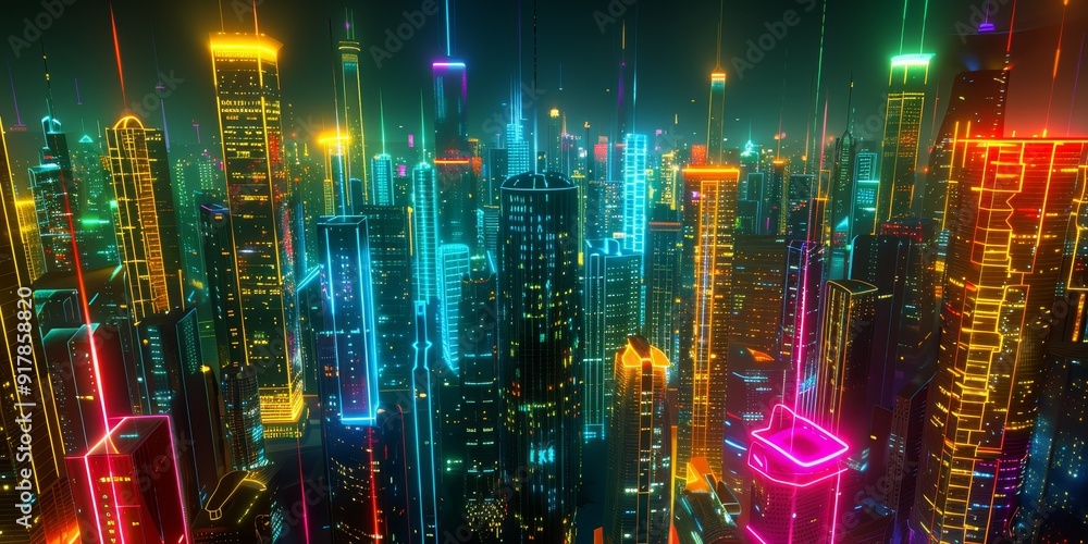 Poster a nighttime cityscape featuring bright buildings interconnected by neon lines, representing the flow