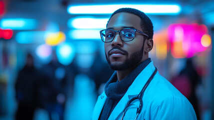 Fototapeta premium Confident doctor in a modern setting, wearing glasses and a stethoscope, showcasing professionalism and dedication to healthcare.