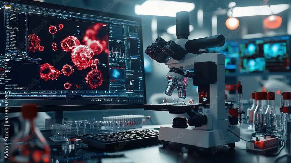 Poster abstract digital laboratory, vibrant screens displaying complex diagnostics, a high-tech environment
