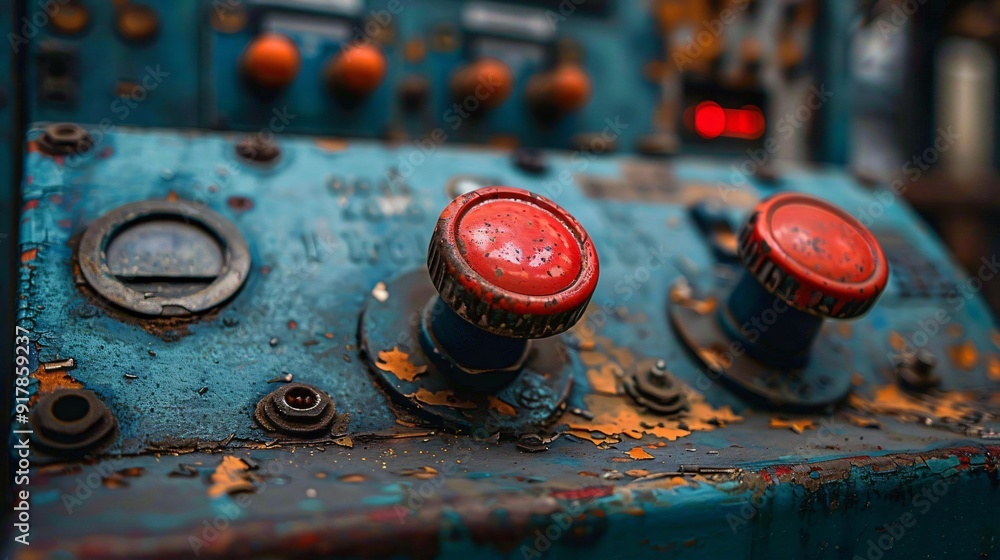 Wall mural The control panel shows rusty, vibrant knobs and indicators, showcasing years of use in a factory environment filled with history