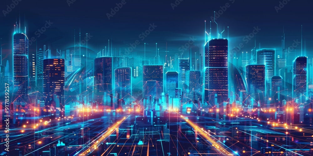 Poster a nighttime cityscape with vibrant lines linking skyscrapers and streetlights, showcasing the flow o