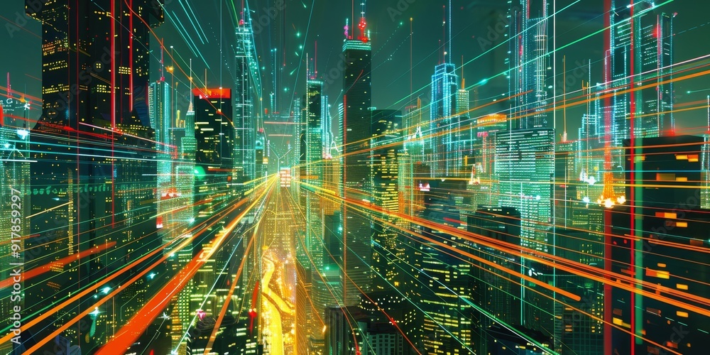 Poster a nighttime cityscape with vibrant lines linking skyscrapers and streetlights, showcasing the flow o