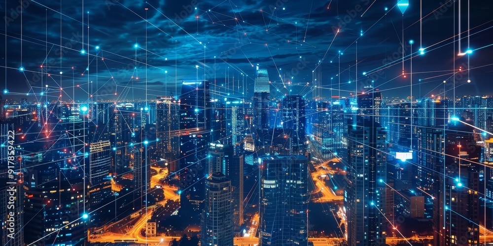 Poster illuminated skyscrapers at night connected by glowing lines, symbolizing a web of communication and 