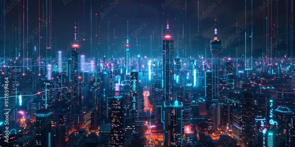 Poster A nighttime cityscape with glowing lines forming a network between illuminated skyscrapers, representing the intersection of modern technology and urban infrastructure