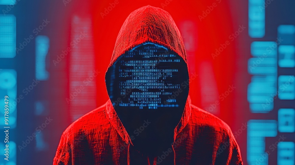 Poster digital encryption enigma, a hooded figure immersed in swirling binary code, embodies the mystery an