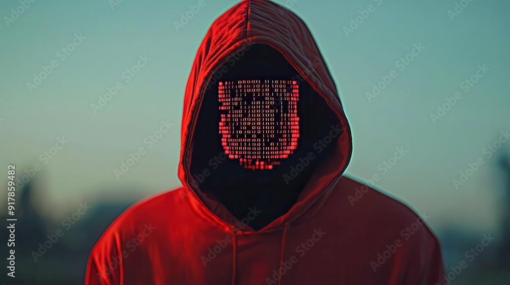 Poster digital encryption enigma, a hooded figure surrounded by swirling binary code, symbolizes the intric