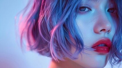 Obraz premium A young woman showcases her striking purple and pink hair with bold makeup under colorful lighting, highlighting her unique style