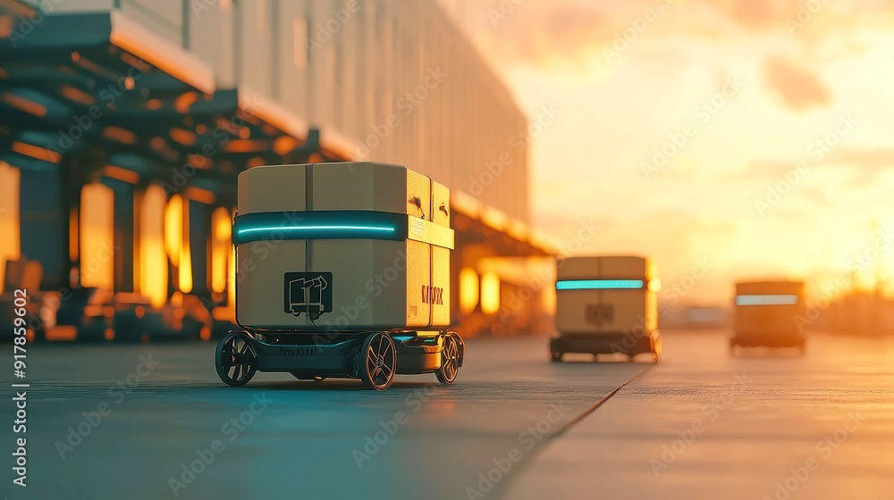 Poster ai robots efficiently organizing parcels at a transport station, seamless automation, advanced techn