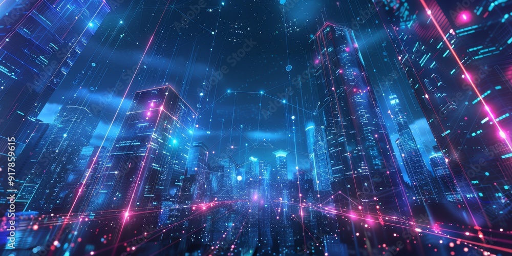 Poster City lights at night with neon lines connecting buildings in a complex network, illustrating the integration of advanced technology and digital connectivity in an urban setting