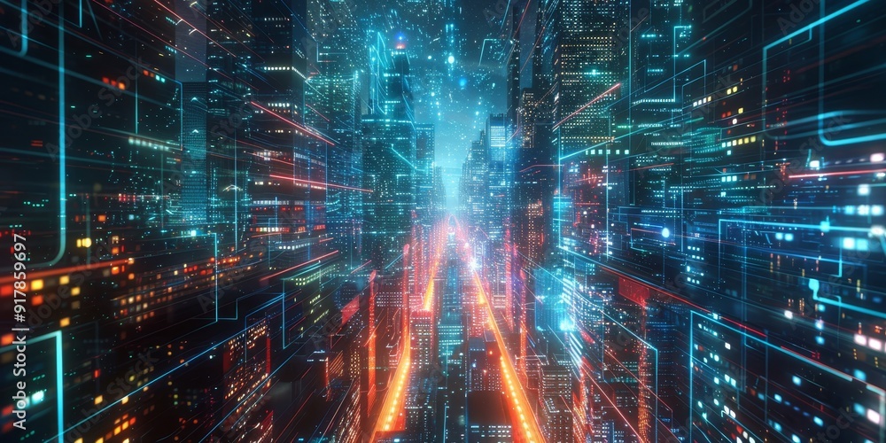 Poster a vibrant night city with neon lines weaving between skyscrapers and lights, reflecting the advanced