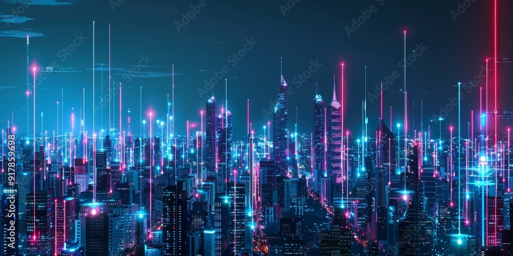 Poster An illuminated cityscape at night with luminous lines connecting various buildings, symbolizing the technological and data-driven connections within a vibrant urban environment
