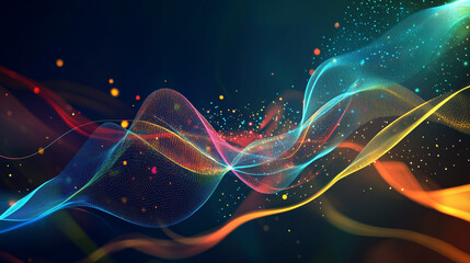 A digital abstract background with neon blue and multicolored lines merging and flowing upward, representing data transmission or 5G network technology