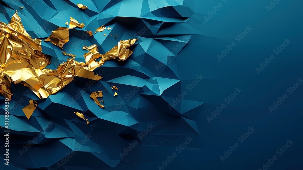 Poster blue abstract design featuring golden accents on low poly triangles, created through artificial inte