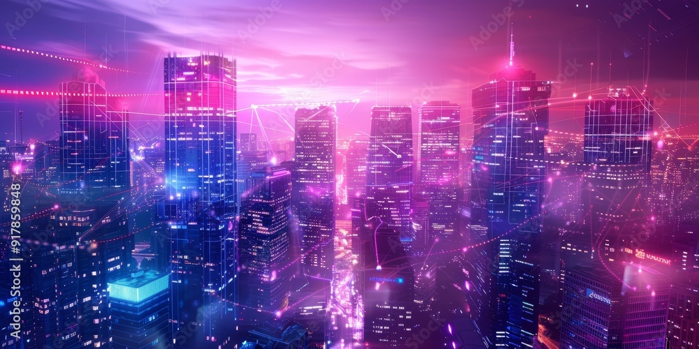 Poster a vibrant night city with neon lines weaving between skyscrapers and lights, reflecting the advanced