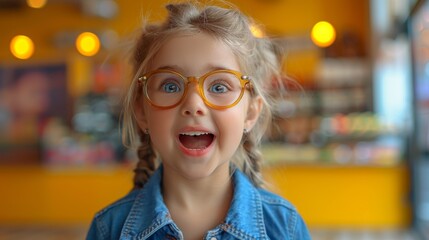 Happy schoolgirl with glasses, wearing a light blue top smiling directly at the camera on a bright yellow backdrop