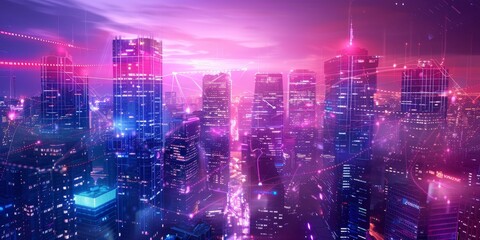 Fototapeta premium A vibrant night city with neon lines weaving between skyscrapers and lights, reflecting the advanced connectivity and digital integration within the urban landscape