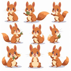 Cute Cartoon Squirrels with Leaves and Acorns Illustration - Variety of Adorable Squirrel Poses