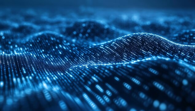 Abstract blue digital wave with binary code.