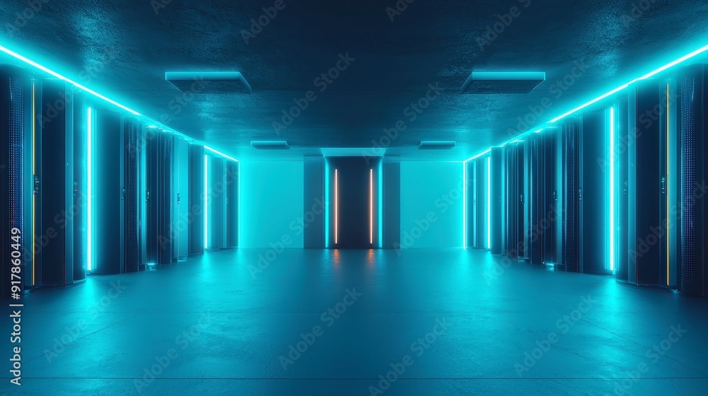 Poster illuminated server hub, a modern database center featuring sleek black servers, glowing blue lights,